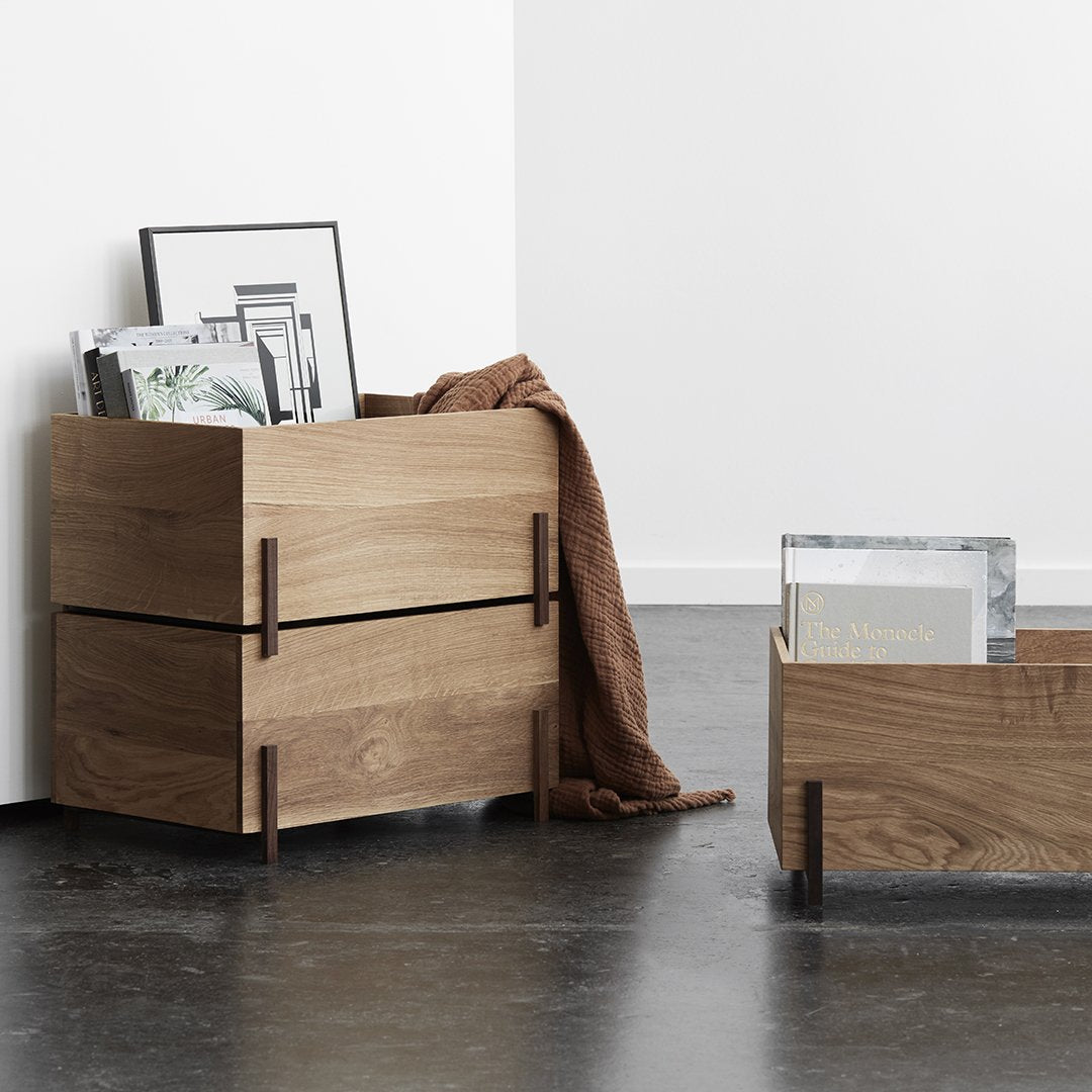 Natural wood storage bins with a warm oak finish, featuring clean lines and minimalistic design. Perfect for modern homes.