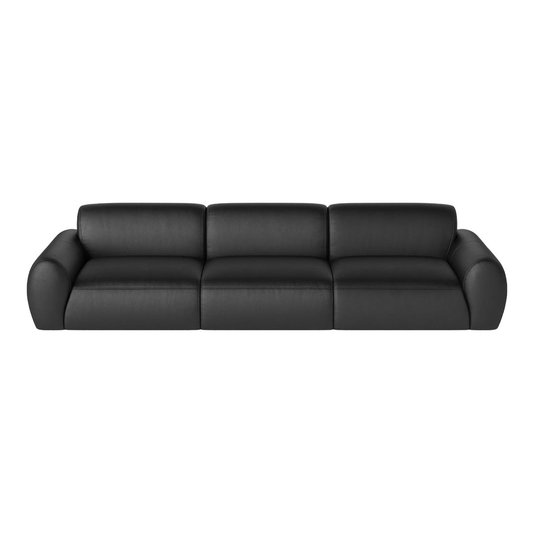 Stylish black leather sofa with a smooth finish and minimalist design, perfect for modern interiors.