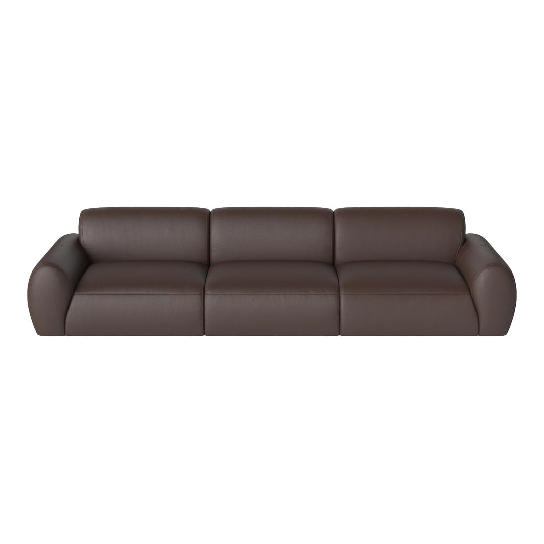 Wide brown leather sofa with a smooth, sleek surface and rounded edges for a modern, contemporary look.