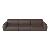 Wide brown leather sofa with a smooth, sleek surface and rounded edges for a modern, contemporary look.