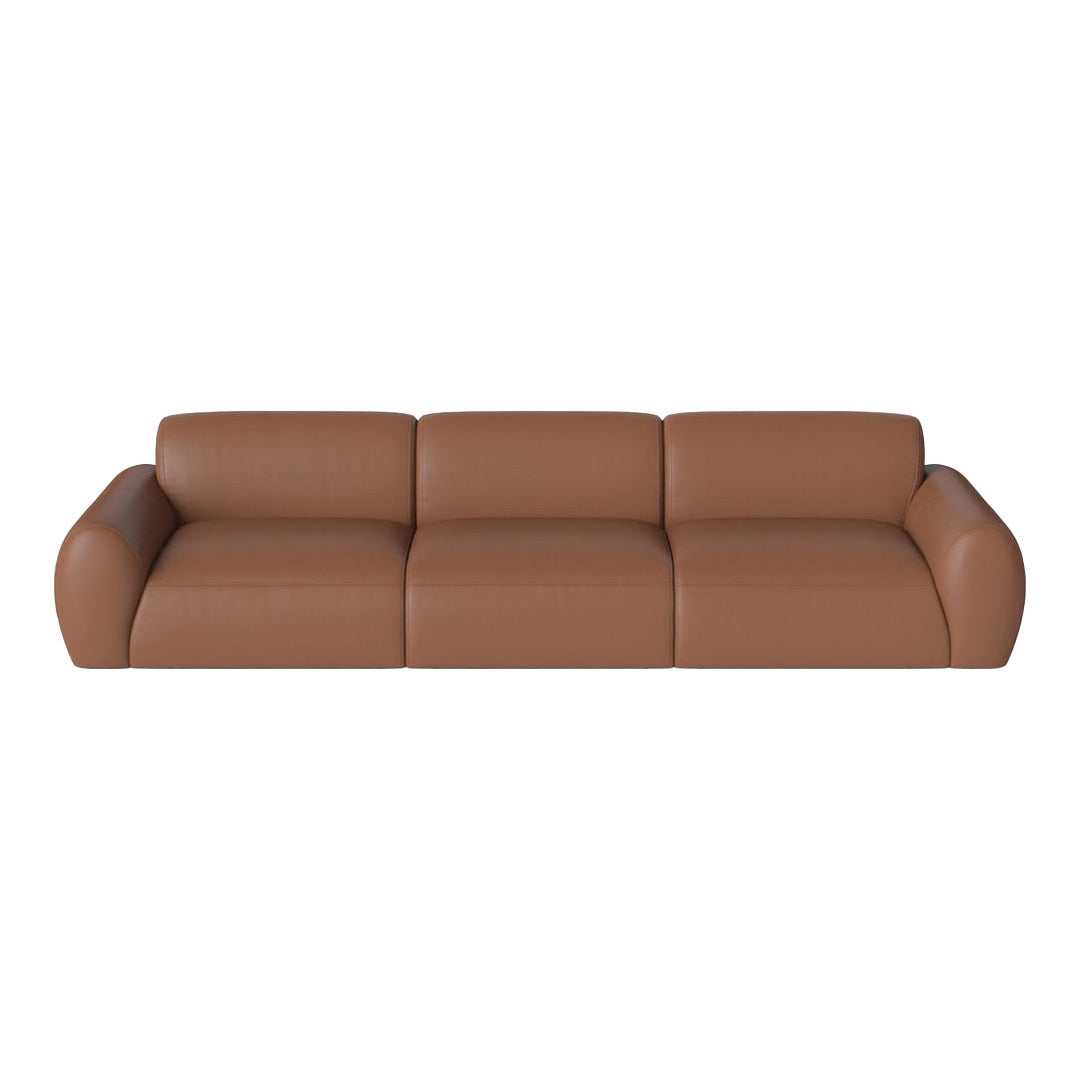 Brown leather sofa with smooth texture and curvy arms, perfect for modern living spaces.
