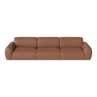 Brown leather sofa with smooth texture and curvy arms, perfect for modern living spaces.