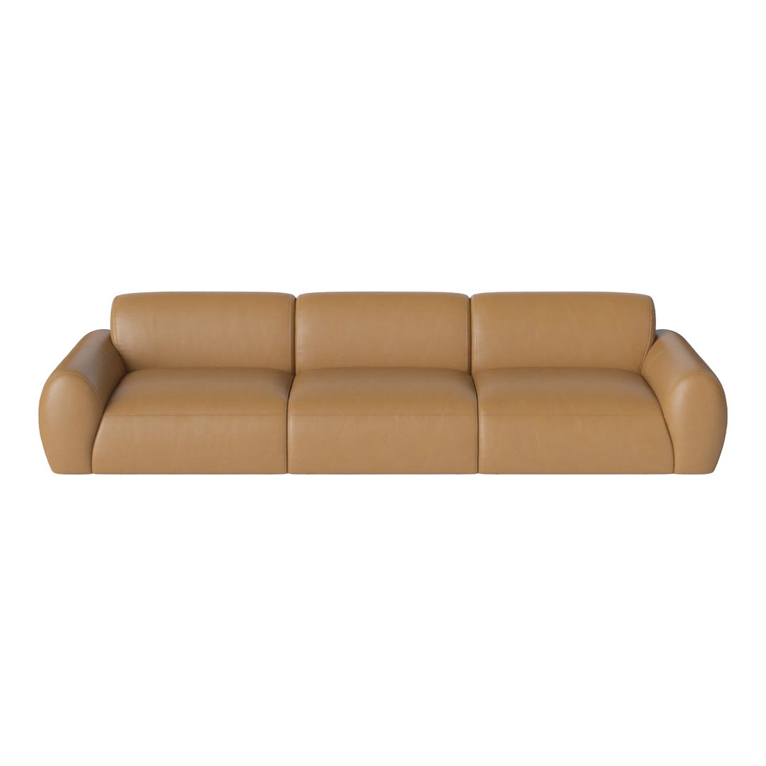 Modern tan leather sofa with smooth, rounded shapes and minimalistic design, perfect for contemporary interiors.