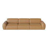 Modern tan leather sofa with smooth, rounded shapes and minimalistic design, perfect for contemporary interiors.