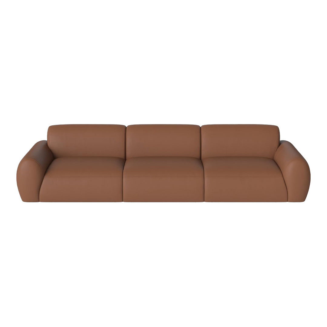 Brown leather sofa with smooth, minimalist design and rounded edges, perfect for modern living spaces.