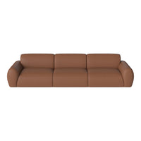 Brown leather sofa with smooth, minimalist design and rounded edges, perfect for modern living spaces.