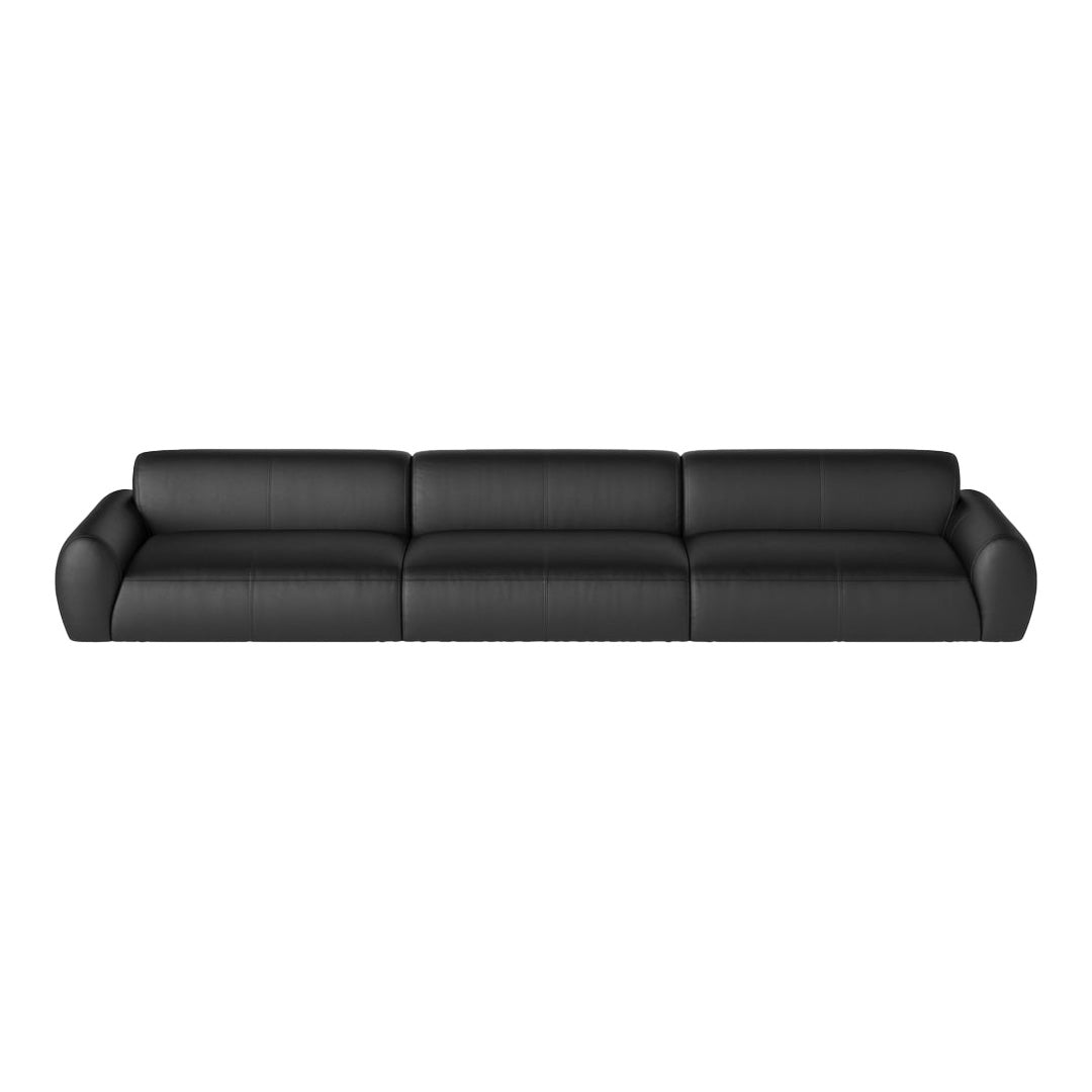 Stylish black leather sectional sofa with a smooth, modern finish and minimalistic design. Perfect for contemporary decor.