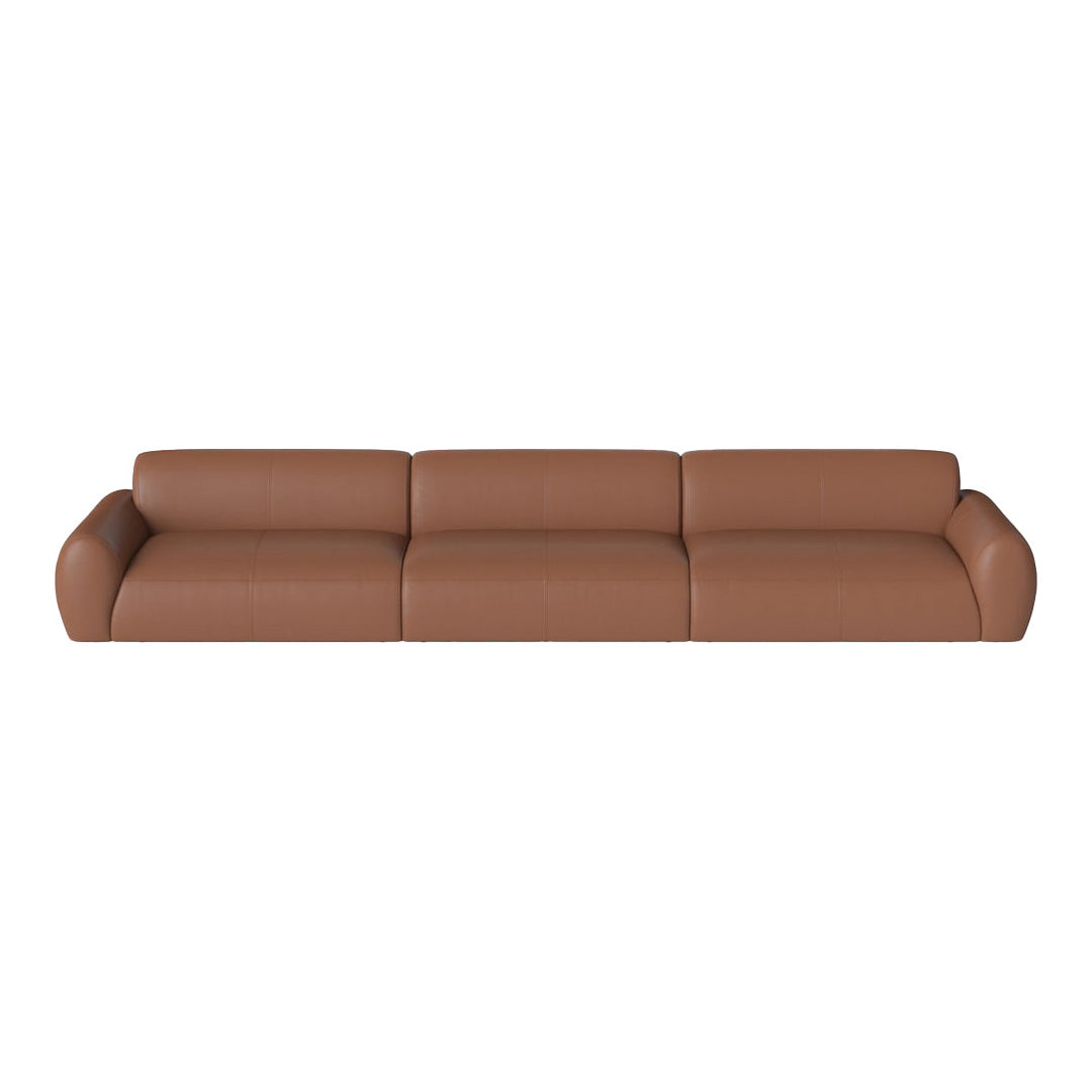 "Modern brown leather sofa with smooth texture and minimalist design, perfect for contemporary interiors."
