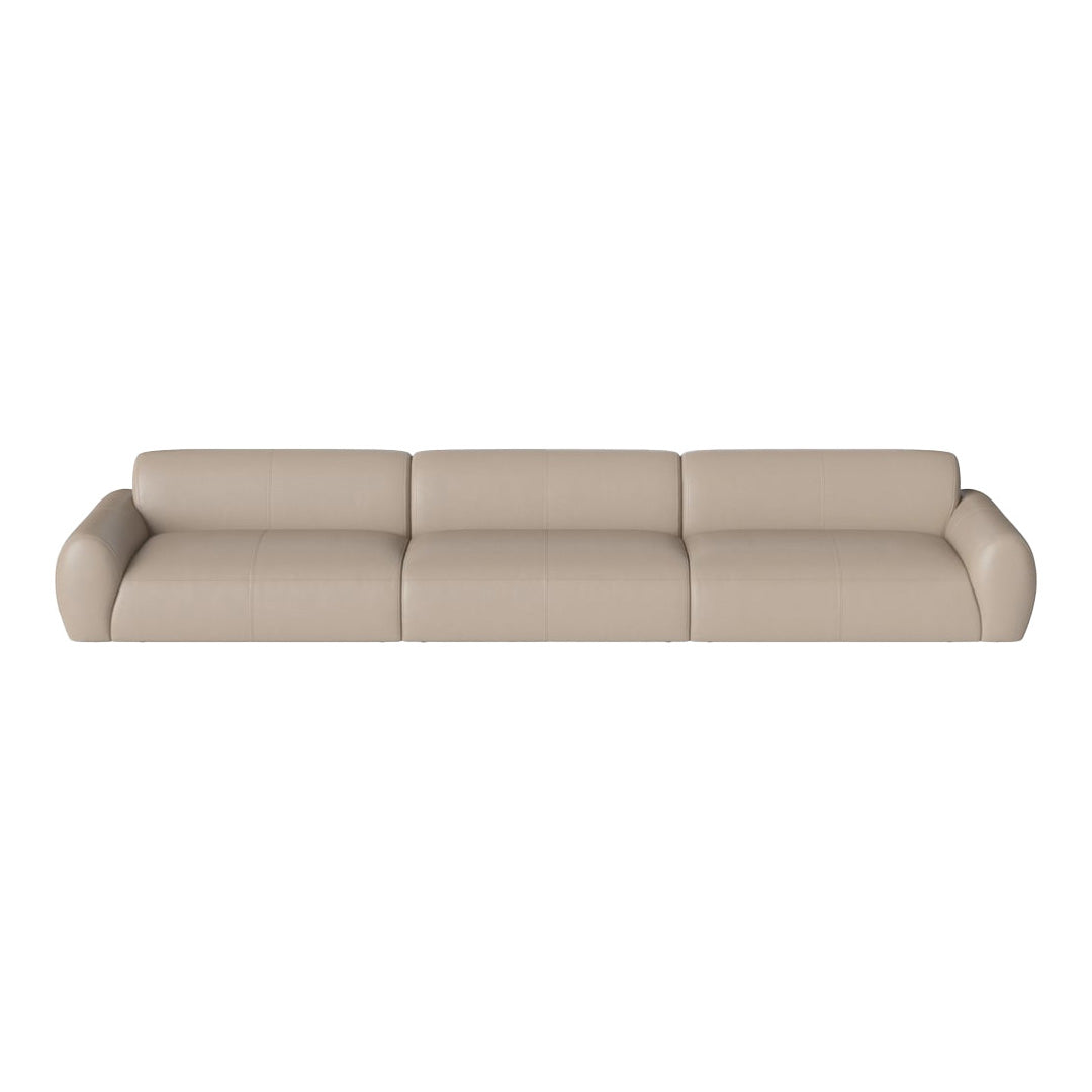 Beige leather sofa with smooth, minimalist design and subtle stitching details, perfect for modern decor.