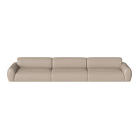 Beige leather sofa with smooth, minimalist design and subtle stitching details, perfect for modern decor.