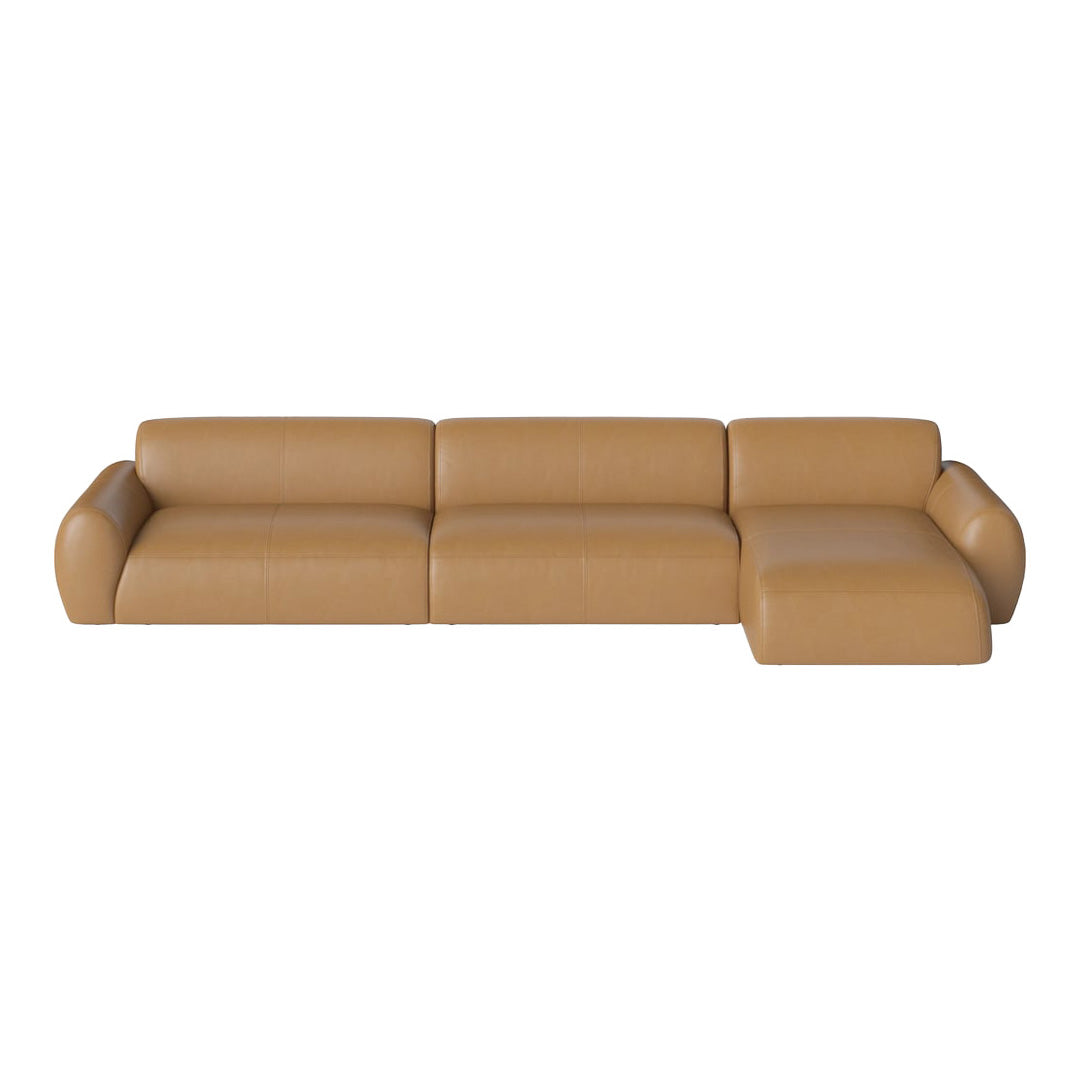 Tan leather sectional sofa with a smooth texture and minimalist design. Perfect for modern living spaces.