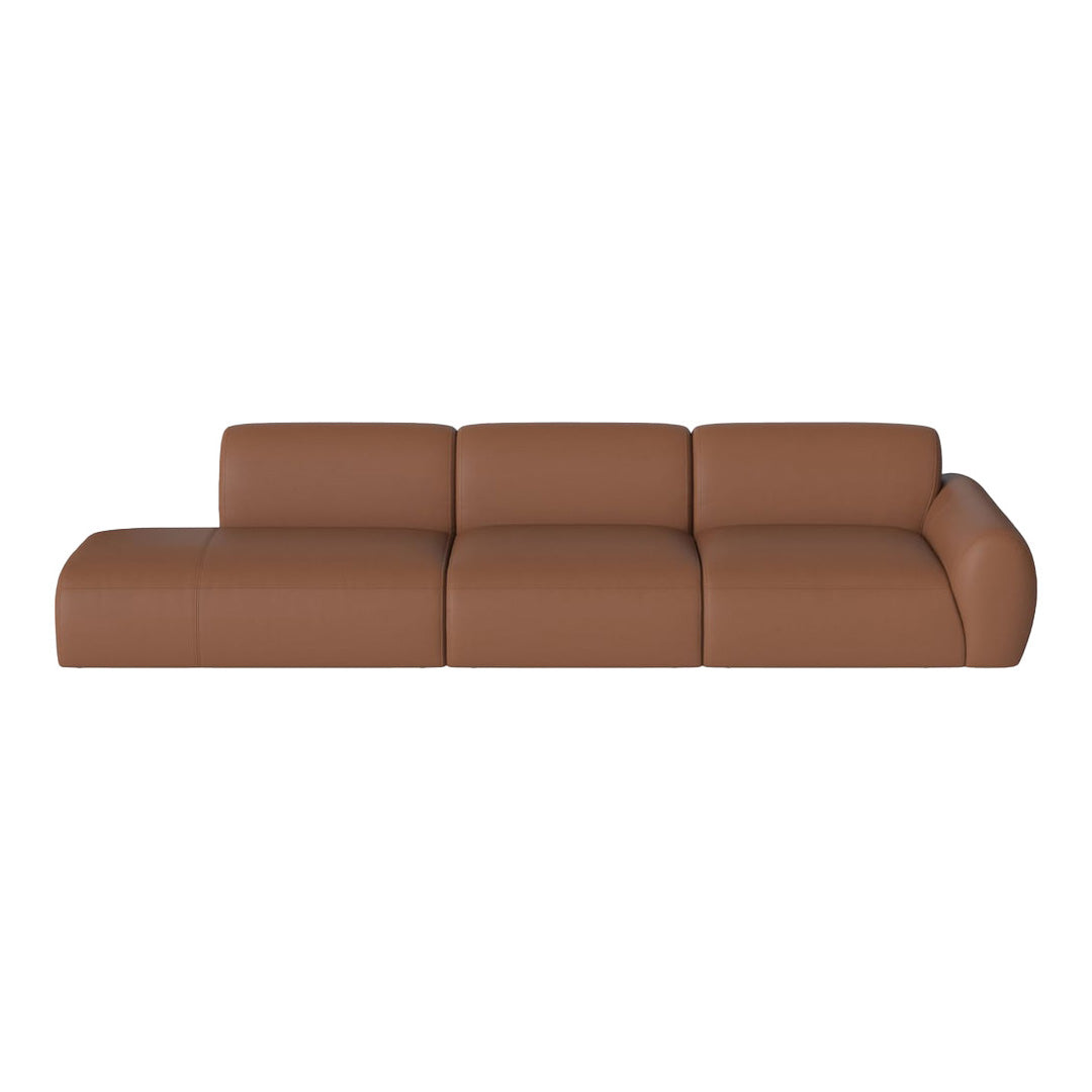Brown leather sectional sofa with smooth, modern lines and a chic, minimalist design. Perfect for contemporary homes.