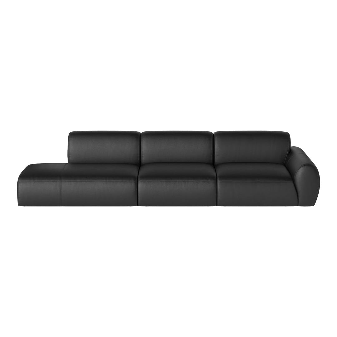 "Stylish black leather sectional sofa with a sleek, modern design and smooth texture."