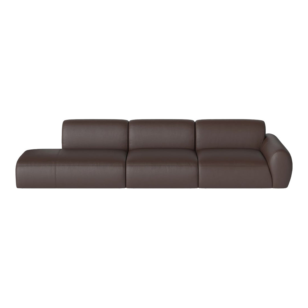 Brown leather sectional sofa with a sleek, minimalist design and smooth, modern lines. Perfect for contemporary interiors.