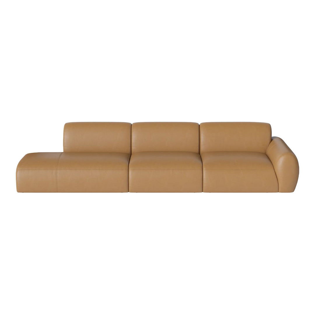 Modern tan leather sofa with smooth, minimalist design and subtle curves, perfect for contemporary interiors.