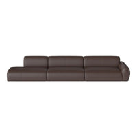Brown leather sectional sofa with smooth, minimalist design and streamlined cushions. Perfect for modern living spaces.