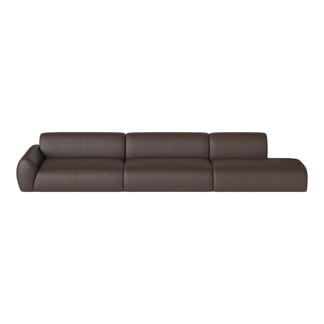 Brown leather sectional sofa with smooth texture and minimalist design, providing modern elegance for any living space.