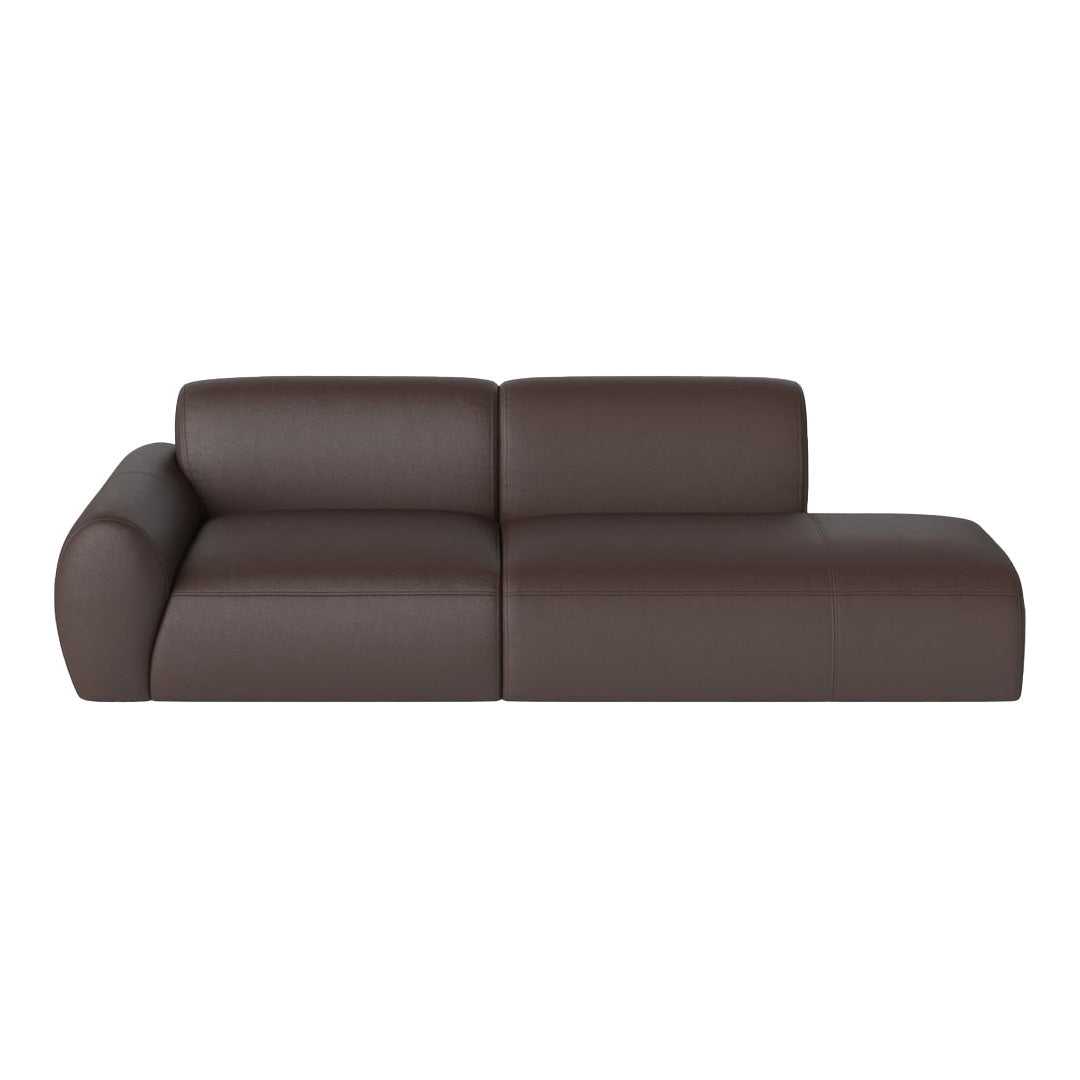 Brown leather sofa with smooth texture and minimalist design, featuring clean lines and a contemporary look.