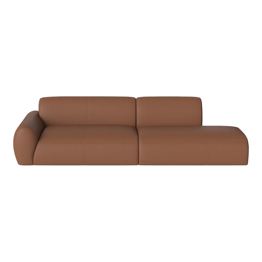 Brown leather sectional sofa with smooth texture and minimalist design, ideal for modern interiors.