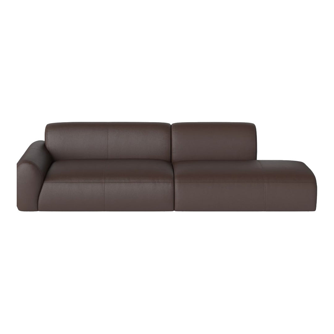 Brown leather sectional sofa with a sleek, modern design and smooth texture against a white background.