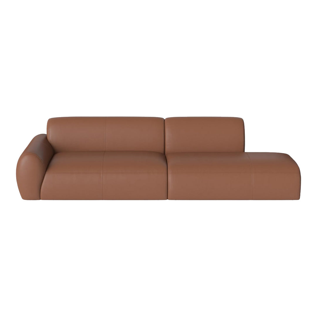 Brown leather sofa with smooth, minimalistic design and subtle stitching details for modern interiors.
