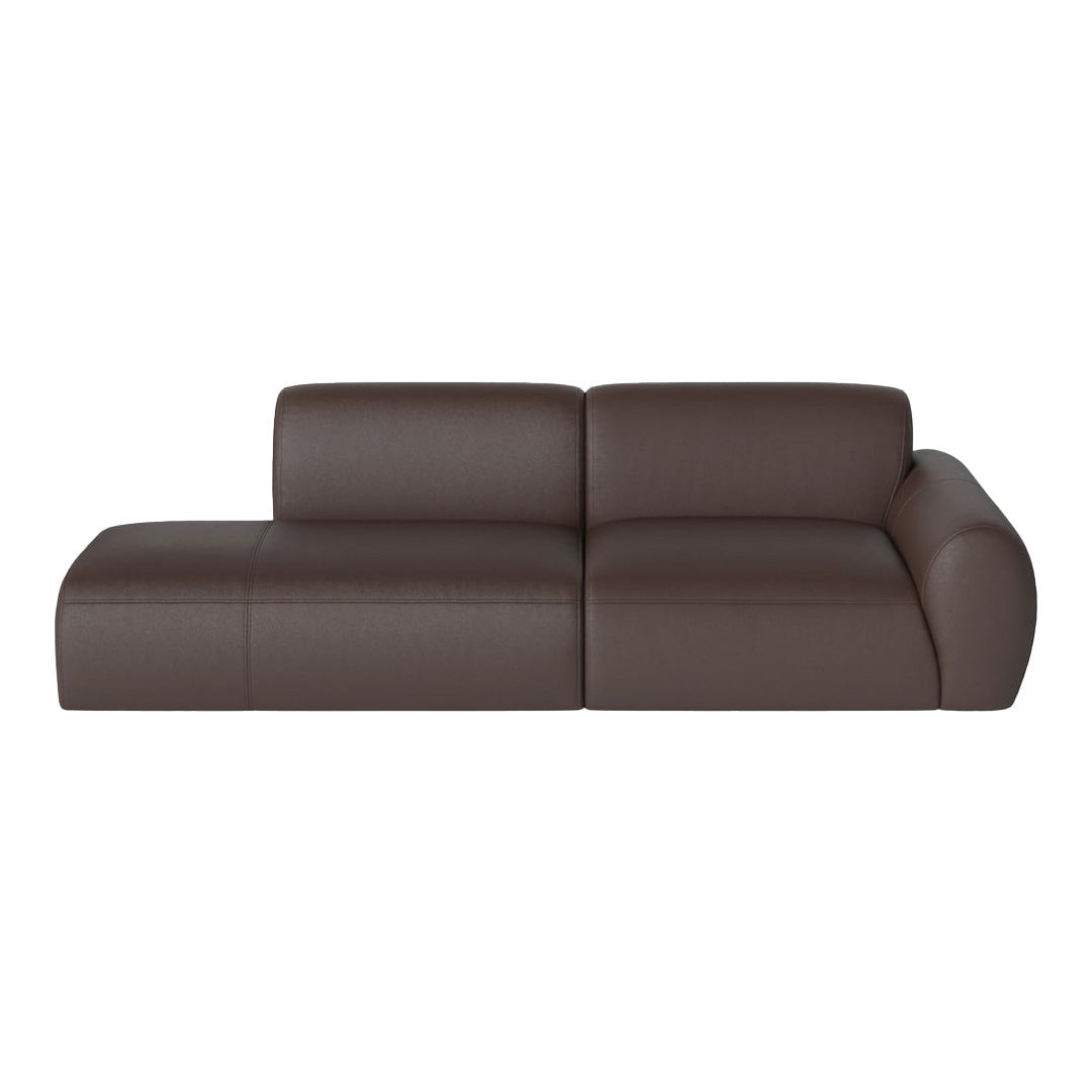 Brown leather sectional sofa with a smooth, modern design and minimalist aesthetic. Ideal for contemporary living spaces.