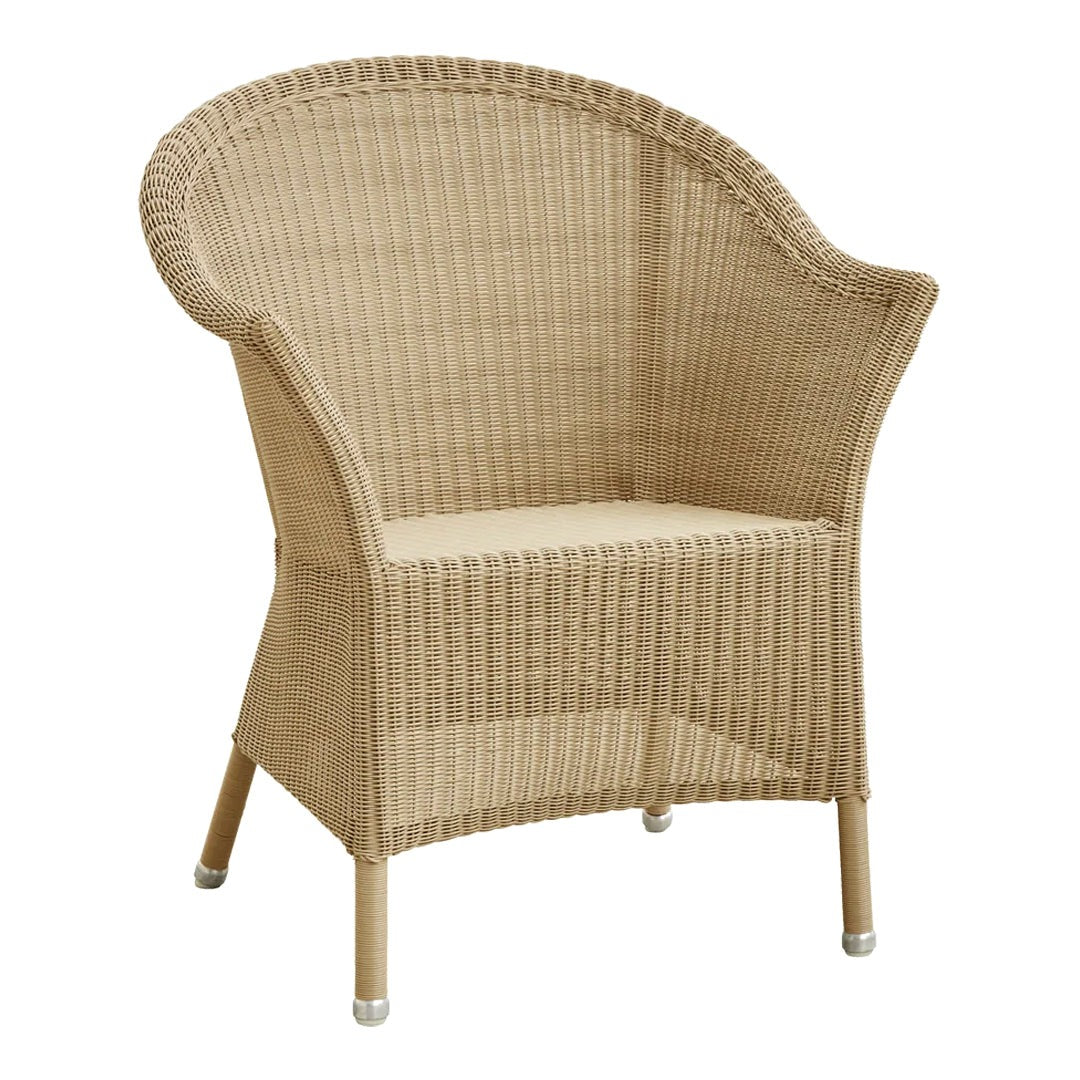 Natural beige wicker chair with a simple, woven pattern and light wooden legs. Ideal for outdoor or indoor use.