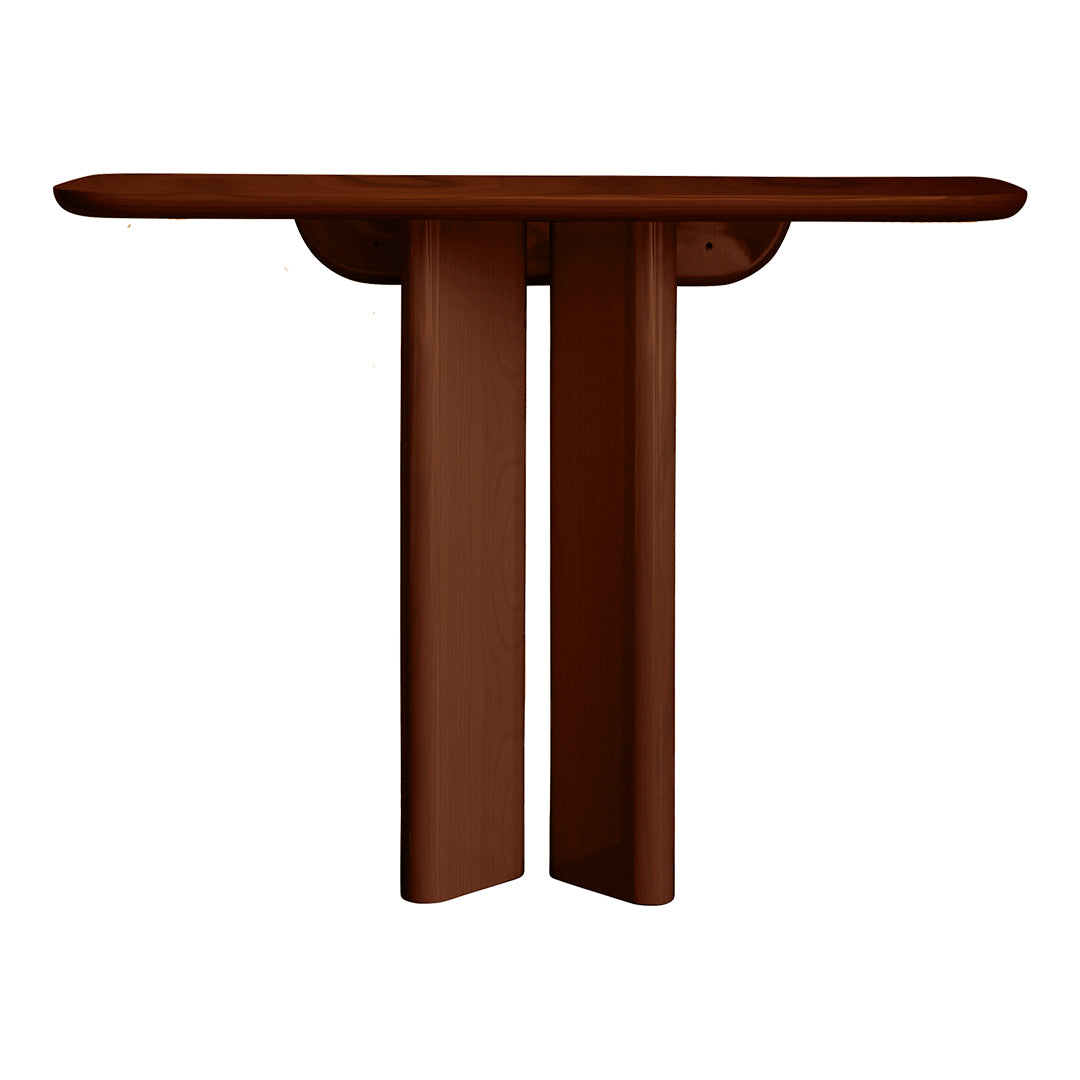 Brown wooden console table with a sleek, modern design and smooth, curved edges. Perfect for any contemporary space.