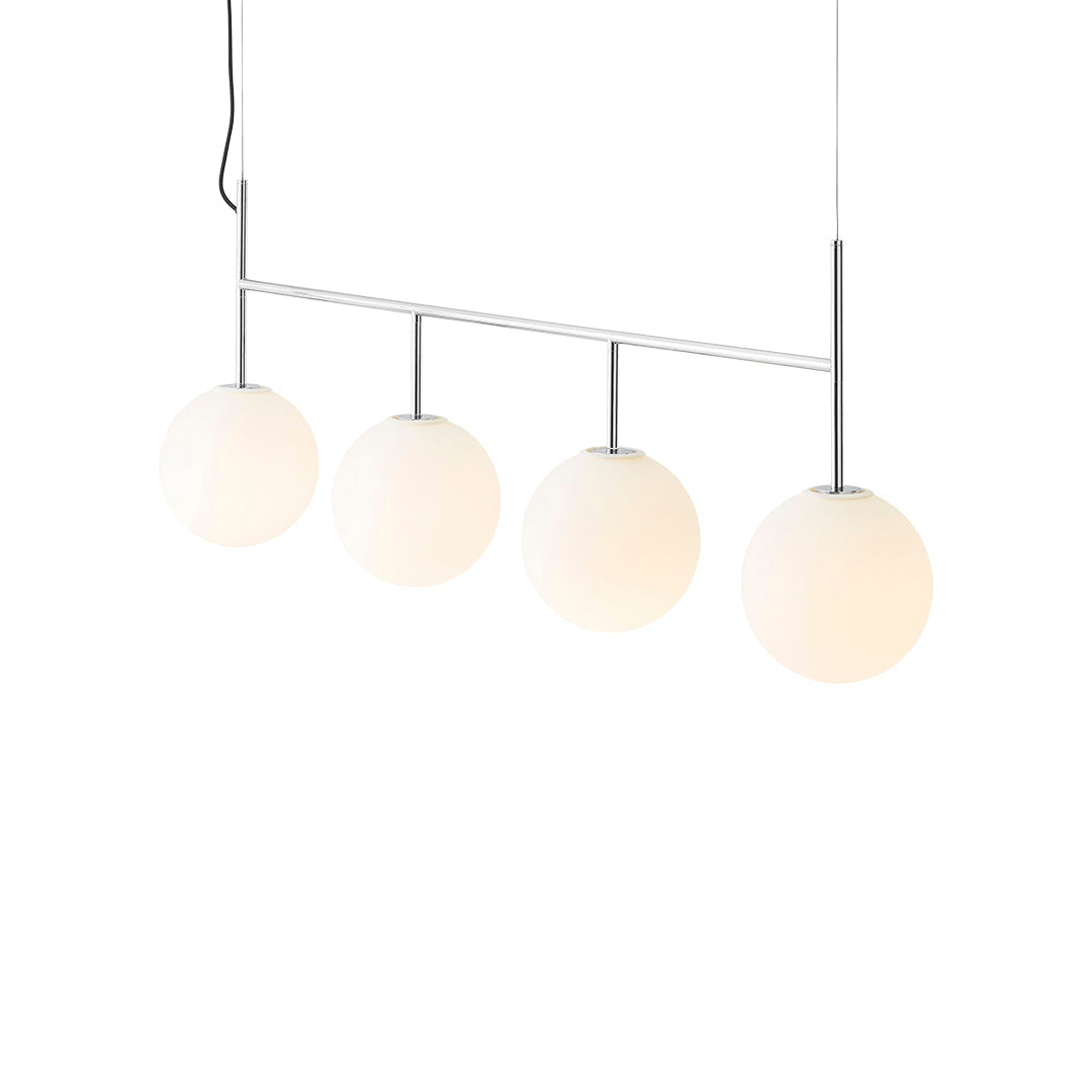 Four elegant white globe pendant lights with a sleek chrome frame. Perfect for modern home decor.