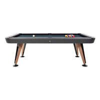 Black billiard table with wooden legs and green felt surface, featuring colorful pool balls arranged on top.