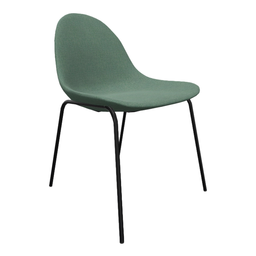 Green upholstered chair with minimalist design and sleek black metal legs, perfect for modern decor.