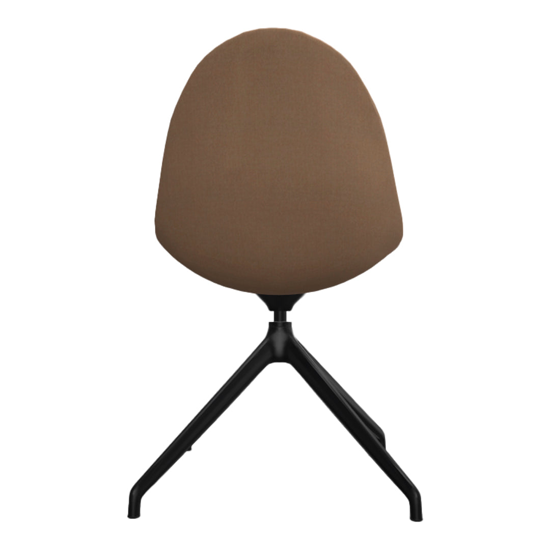 Brown upholstered chair with a sleek black metal base, showcasing a minimalist design and modern vibe.