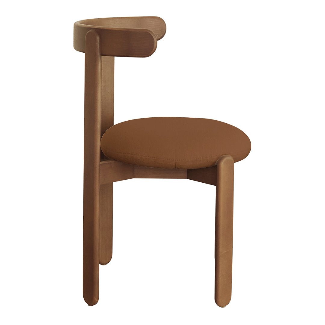 Brown upholstered chair with a curved backrest and minimalistic design. Ideal for modern interiors.