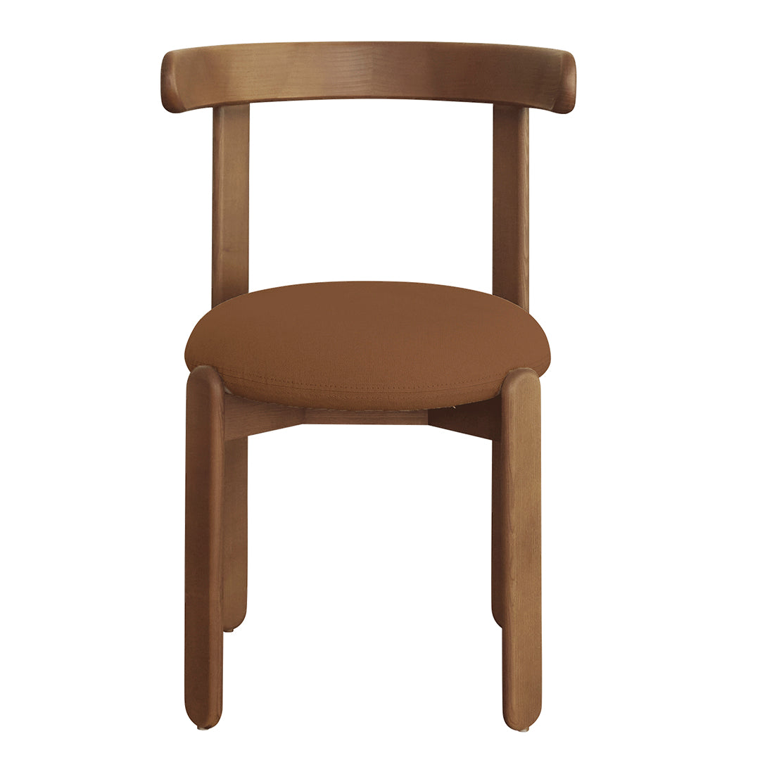 Brown wooden chair with a curved backrest and rounded cushion seat, featuring a smooth, minimalist design.