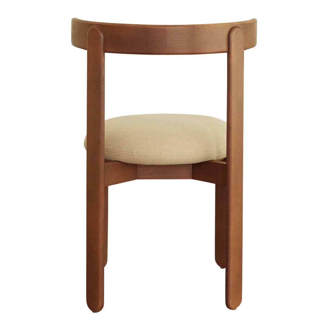 Wooden chair with a warm brown finish and a soft beige cushion, featuring a minimalist design.