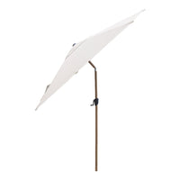 White outdoor umbrella with a sleek, minimalist design and a sturdy brown frame, perfect for sun protection.