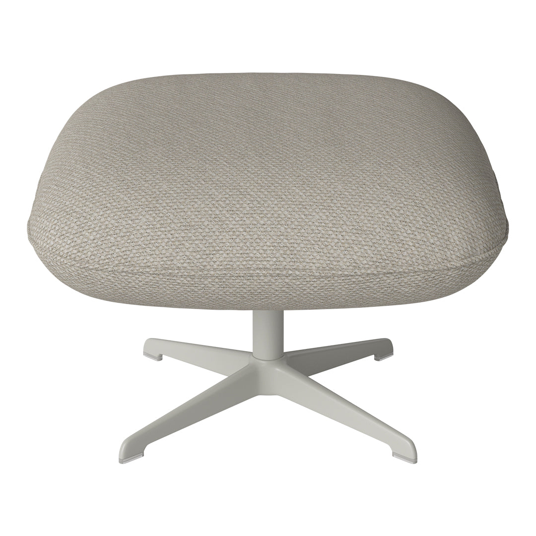 Light gray upholstered ottoman with a textured woven pattern and a modern white metal base.