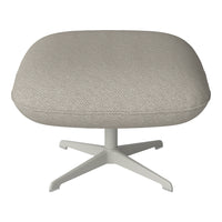 Light gray upholstered ottoman with a textured woven pattern and a modern white metal base.