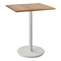 Wooden slatted tabletop in natural brown with a sleek white base, perfect for modern outdoor settings.