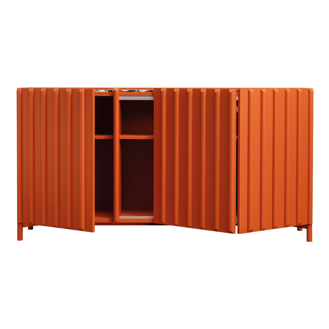 Bright orange storage cabinet with vertical slat pattern and two doors, combining modern design and functionality.