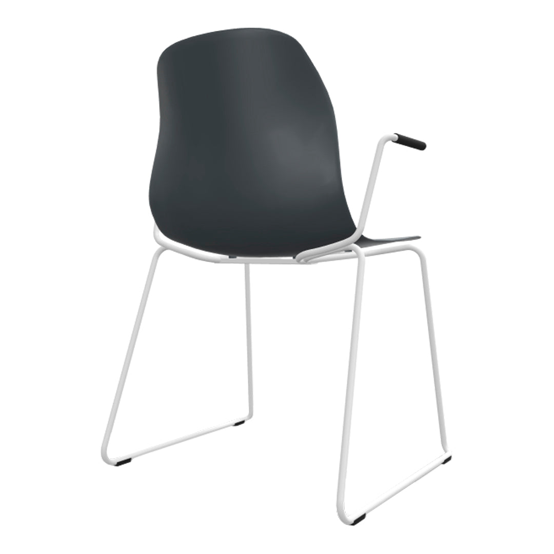 Modern black chair with a sleek white frame, featuring a minimalist design for contemporary interiors.