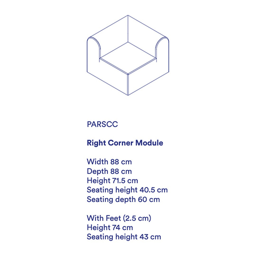 "Clear outline of a right corner module in a minimalist design, featuring soft curves and a sleek, modern aesthetic."