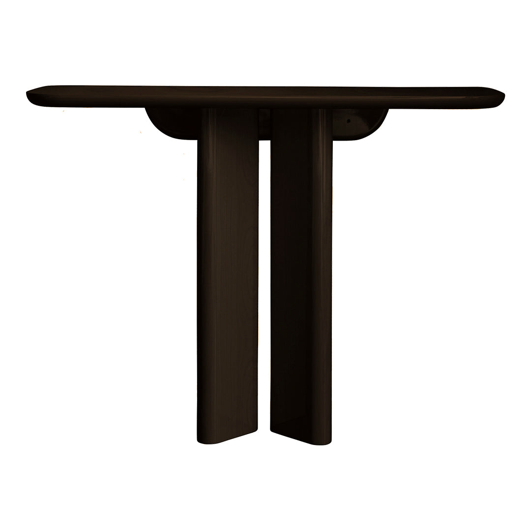 Sleek black console table with minimalist design, featuring smooth surfaces and bold geometric shapes.
