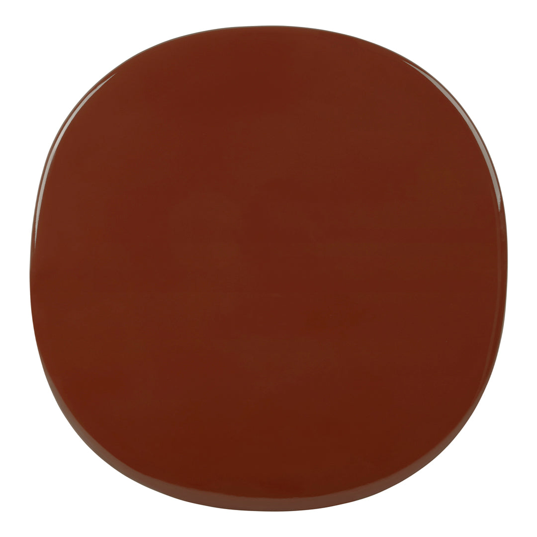 Ceramic plate in rich terracotta brown, smooth glossy finish, round shape, minimalistic design.