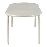 Light beige oval table with a smooth, glossy finish and subtly textured surface. Ideal for modern decor.