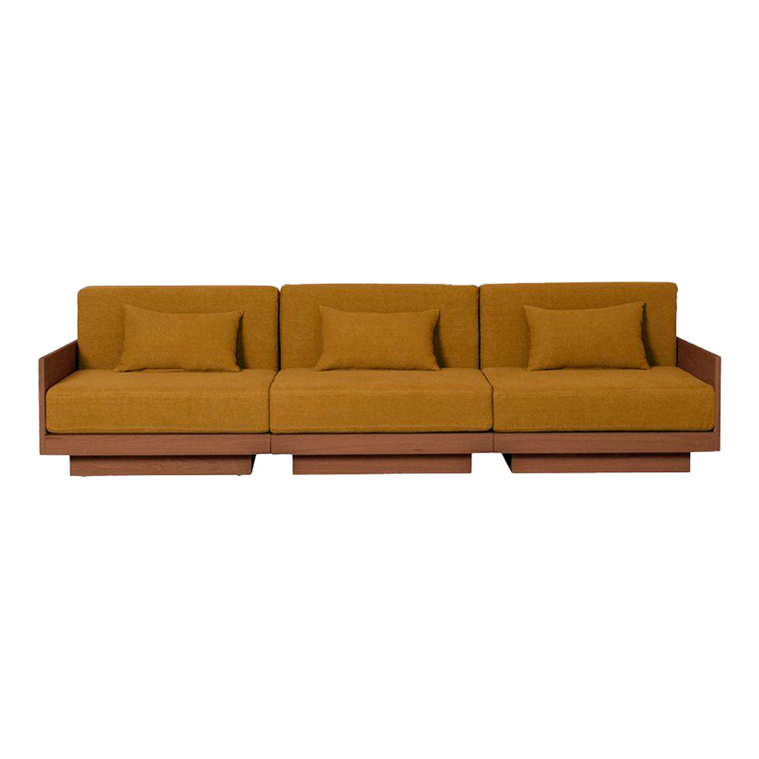 Contemporary three-seat sofa in warm mustard yellow with cushioned back and side accents on a sleek wooden base.