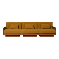 Contemporary three-seat sofa in warm mustard yellow with cushioned back and side accents on a sleek wooden base.