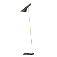 Black and gold modern floor lamp with a sleek design and minimalist pattern against a white backdrop.
