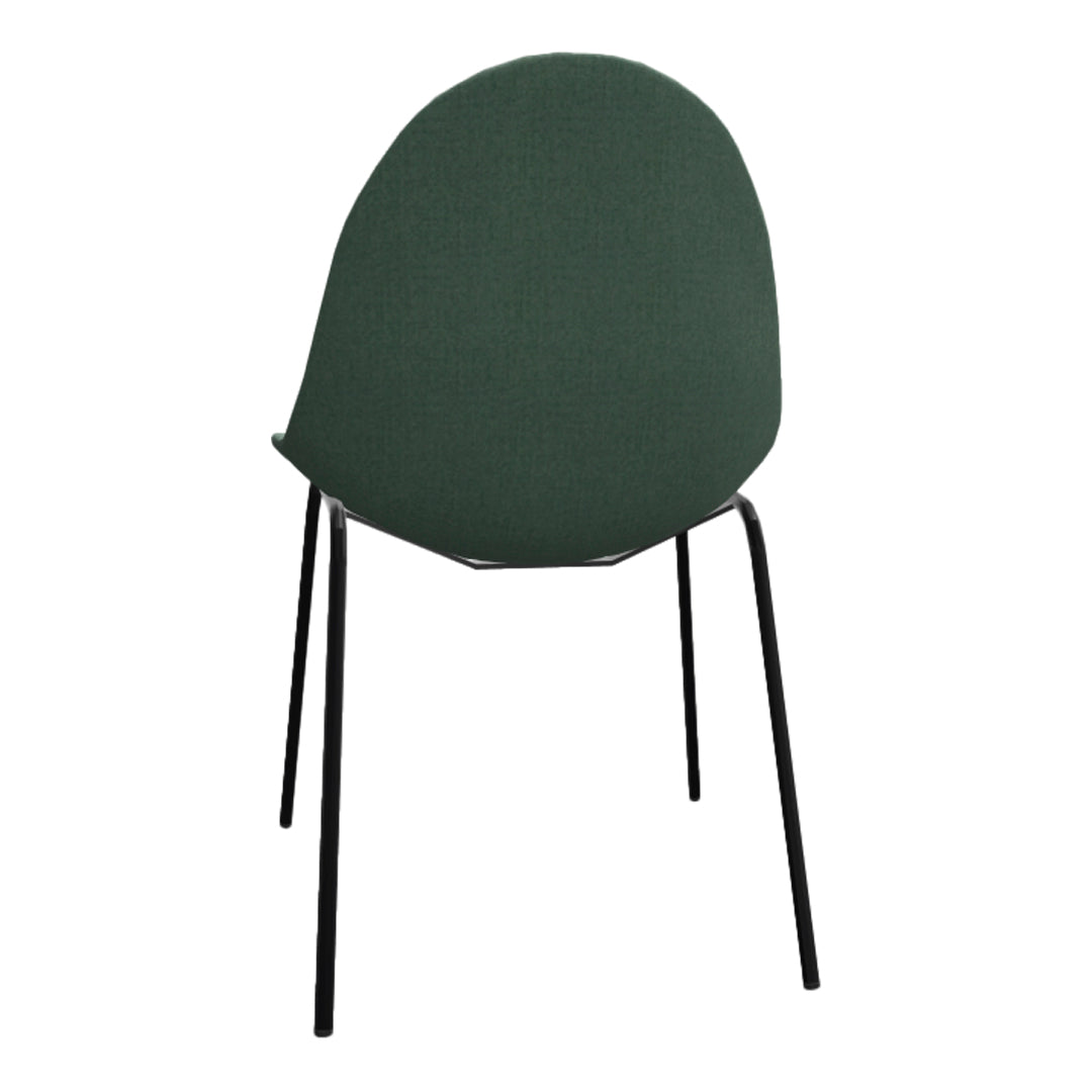 Green upholstered chair with a smooth texture and black metal legs, featuring a minimalist design and contemporary style.