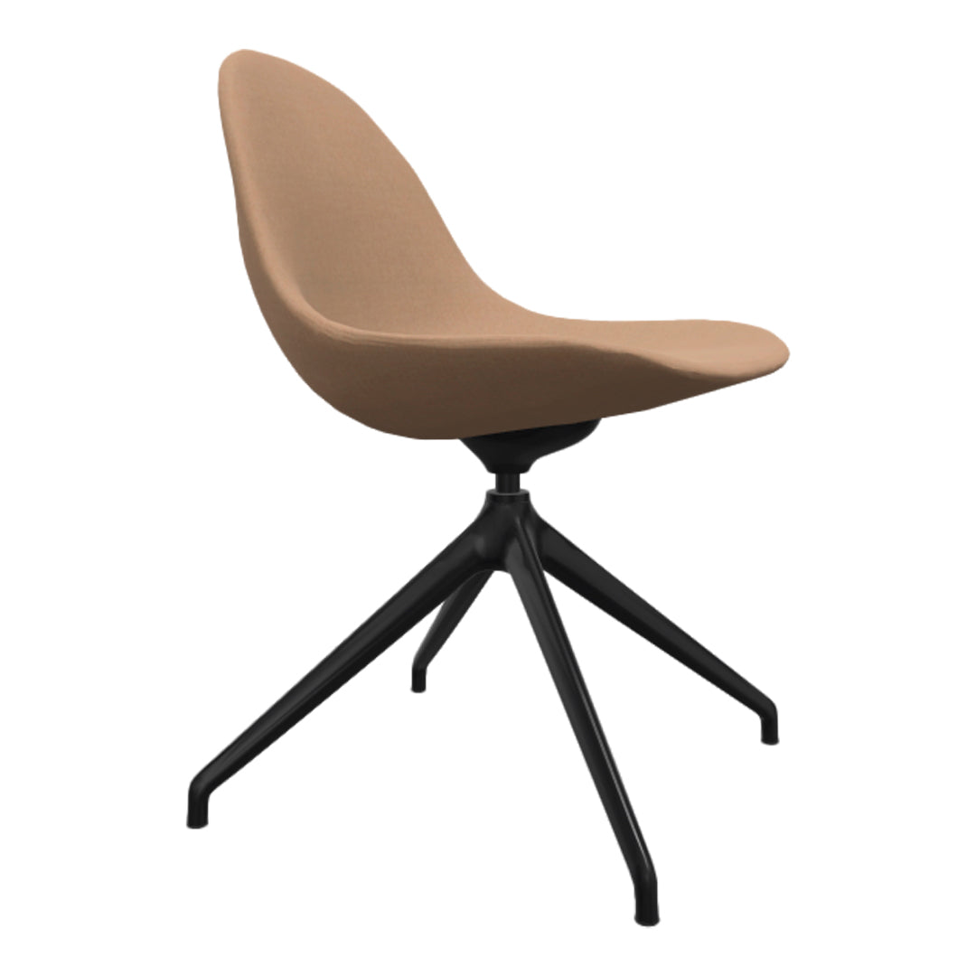 Tan upholstered chair with a sleek black metal base, showcasing a modern minimalist design.